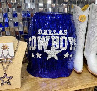Royal blue sequin Dallas Cowboys mini skirt with white star and lettering detail