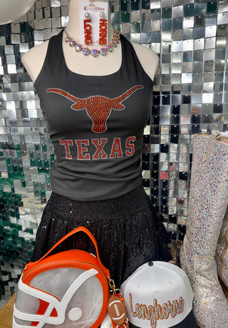 Black racerback tank top with orange rhinestone Texas Longhorns logo and TEXAS lettering