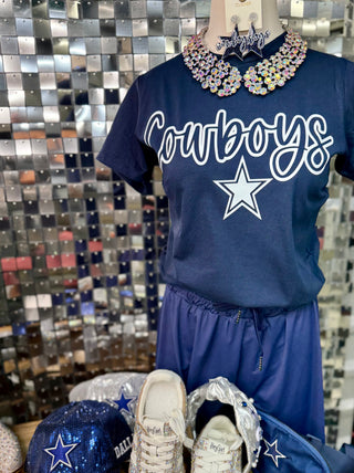 Navy Dallas Cowboys graphic tee with bold white script and star logo