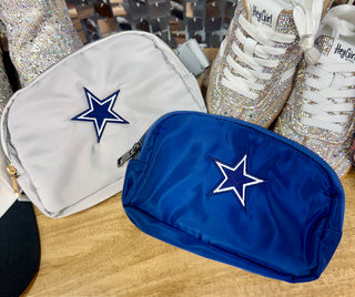 Dallas Cowboys star embroidered zip pouches in white and royal blue nylon