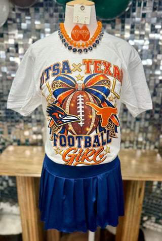 White UTSA Texas Football Girl graphic tee with glitter rhinestone print orange blue