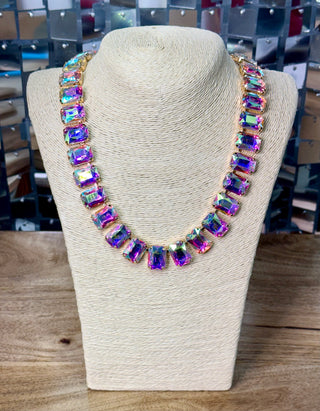 Iridescent multicolor emerald-cut crystal collar necklace in gold-tone pronged settings