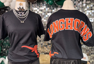 Black oversized tee with orange Longhorns arc lettering on back and longhorn logo