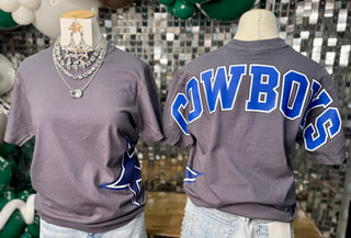 Gray Dallas Cowboys t-shirt front and back with blue varsity lettering and star logo