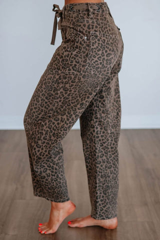 Wild & Unbothered brown leopard print high-waist wide-leg pants with lace-up back detail