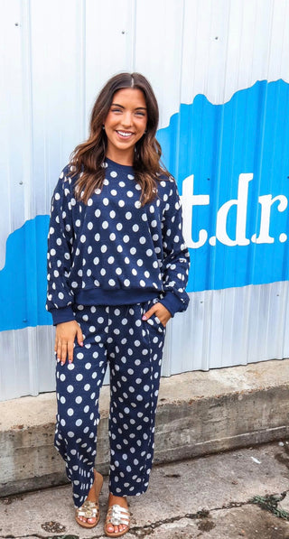 Navy blue polka dot matching sweatshirt and jogger pants two-piece lounge set