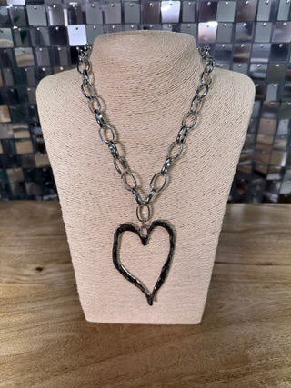 Silver chunky oval link chain necklace with large hammered open heart pendant