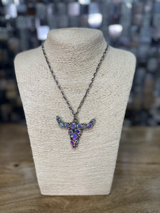 Gunmetal chain necklace with iridescent purple multi-shape crystal longhorn pendant