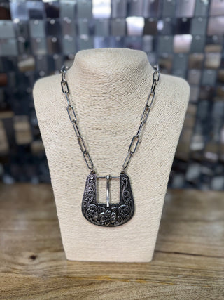 Silver engraved belt buckle pendant necklace on paperclip rectangular chain