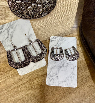 Antique silver Western belt buckle earrings with floral scroll engraving, dangle and stud styles