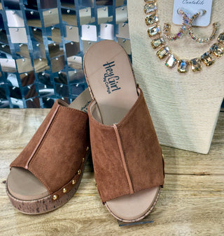 Chestnut suede platform slide sandals with cork sole and gold stud accents