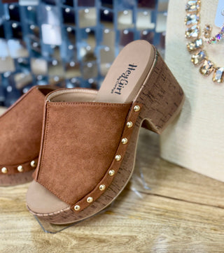Corkys Hey Girl Chestnut Gaslight suede platform mule slides with cork heel and gold studs