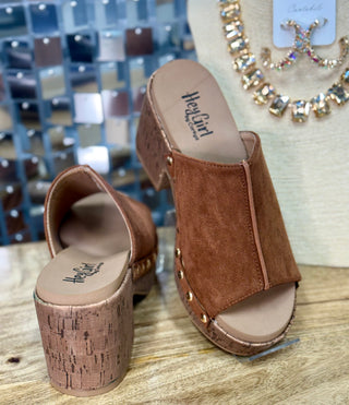 Corkys Hey Girl chestnut suede platform mule sandals with cork block heel and gold studs
