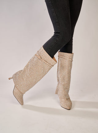 Corkys Karaoke rhinestone-covered beige mid-calf boots with fold-over cuff and heel