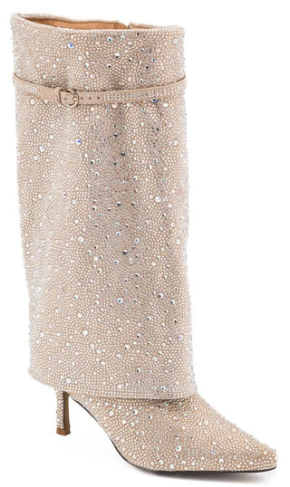 Champagne rhinestone mid-calf boot with fold-over cuff, buckle strap, and slim heel