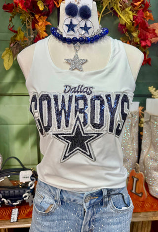 White sleeveless tank top with navy blue sequin Dallas Cowboys graphic and star logo