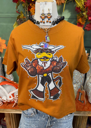 Burnt orange crew-neck tee with rhinestone Texas Longhorns Bevo mascot graphic