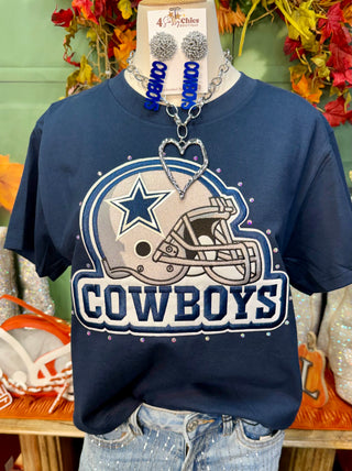 Navy blue Dallas Cowboys embroidered helmet graphic tee with rhinestone accents