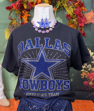 Black Dallas Cowboys rhinestone tee with blue star design and crystal lettering