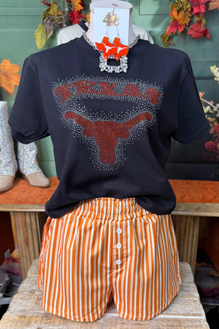 Black crew neck tee with orange rhinestone Texas Longhorns skull graphic and sparkle detail