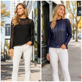Semi-sheer open-knit mock-neck top in black and navy with lettuce-edge hem
