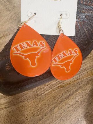 Orange resin teardrop earrings with University of Texas Longhorns logo and gold hooks