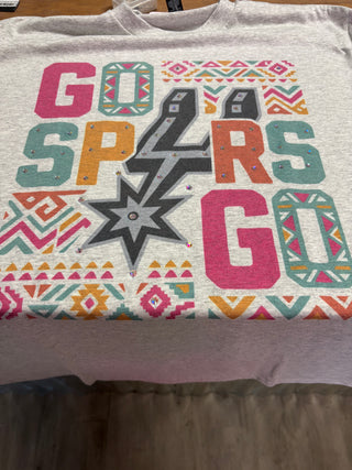 Gray t-shirt with colorful tribal print Go Spurs Go design and rhinestone accents