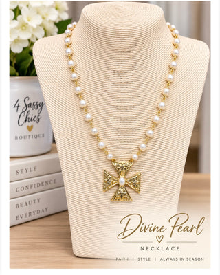 Gold ornate Maltese cross pendant necklace with ivory pearl beaded chain