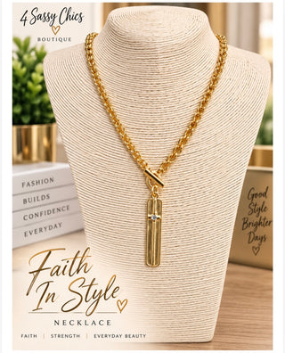 Gold chunky rolo chain necklace with rectangular bar cross pendant and crystal center