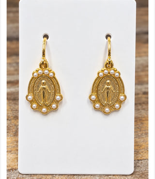 Gold huggie hoop earrings with Virgin Mary medallion pendants and pearl accents