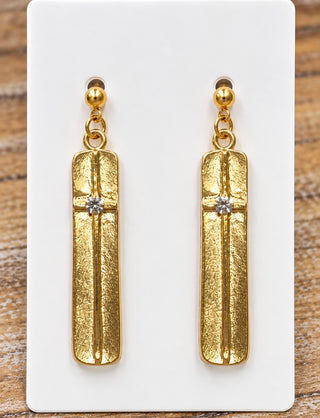 Gold textured rectangular drop earrings with center crystal rhinestone and ball stud post