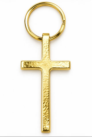 Gold hammered-texture Christian cross keychain with split ring attachment