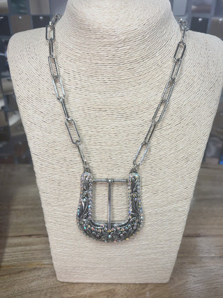 Silver paperclip chain necklace with rhinestone-studded Western belt buckle pendant