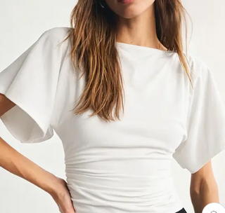 White flutter-sleeve ruched waist fitted top by Hope & Sunshine