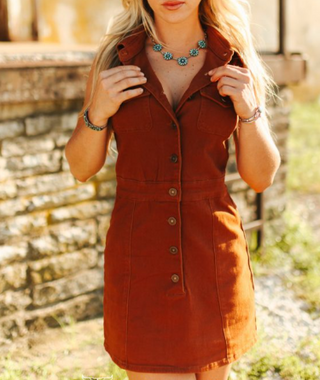 Rust orange sleeveless button-front shirt dress with pointed collar and chest pockets