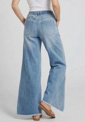 Wisteria Lane wide-leg light wash blue jeans with frayed hem, back view