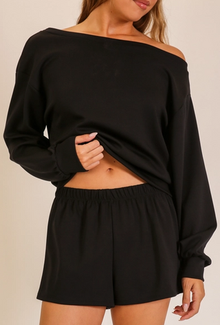 Black off-the-shoulder cropped sweatshirt top with long dropped sleeves