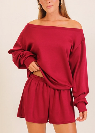 Burgundy off-shoulder long-sleeve top and matching pull-on shorts two-piece set
