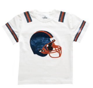 White kids football jersey tee with navy orange sequin helmet and striped sleeves