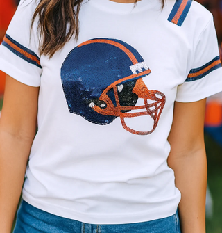 White short-sleeve tee with navy and orange sequined football helmet graphic and varsity stripes