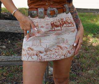 Beige tapestry mini skirt with Western horse and cattle scenic print, high waist