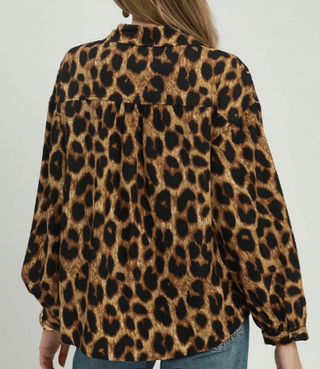 Umgee Main Character leopard print long sleeve button-up shirt, back view