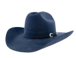 Navy blue felt cowboy hat with wide brim and silver western buckle hatband