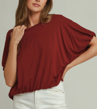 Womens burgundy wine blouson top with dolman sleeves and elasticized gathered hem