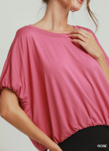 Rose pink boxy short sleeve top with elastic hem and relaxed fit