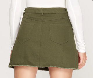 She+Sky olive green mini skirt with two back pockets and frayed hem