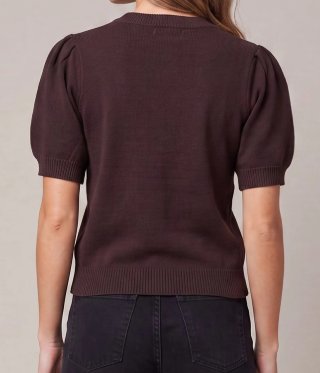 She+Sky Bow & Boujee dark brown knit sweater with puff short sleeves, back view