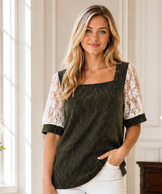 Olive green ribbed striped top with white floral lace elbow sleeves and square neckline
