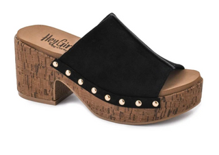 Corkys Gaslight black mule clog with cork platform and gold stud trim