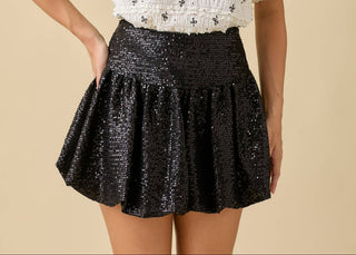 Black sequin high-waisted flared mini skirt with elasticized waistband